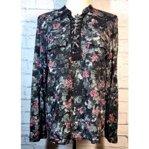 Rock & Republic Womems Top Black Red Floral Lace Up Blouse Size S Goth Biker